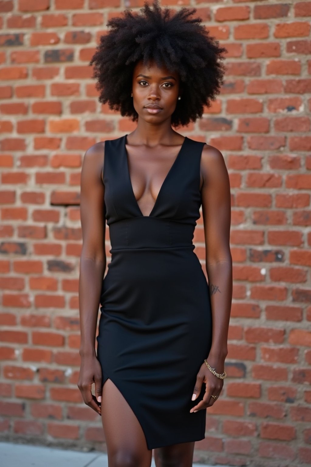 (full-body shot) of woman in bold, fitted dress  against a classic brick wall background