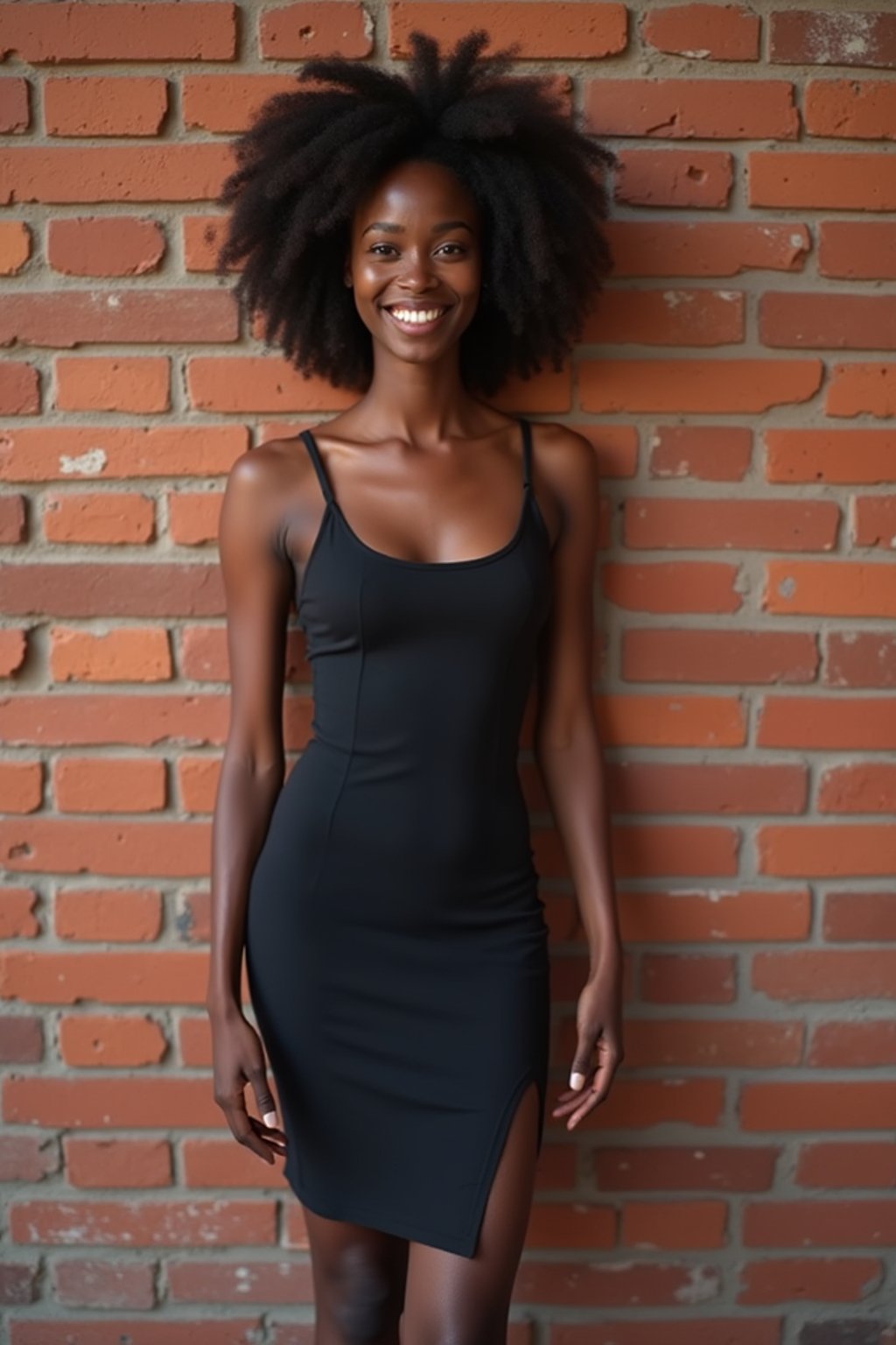 (full-body shot) of woman in bold, fitted dress  against a classic brick wall background