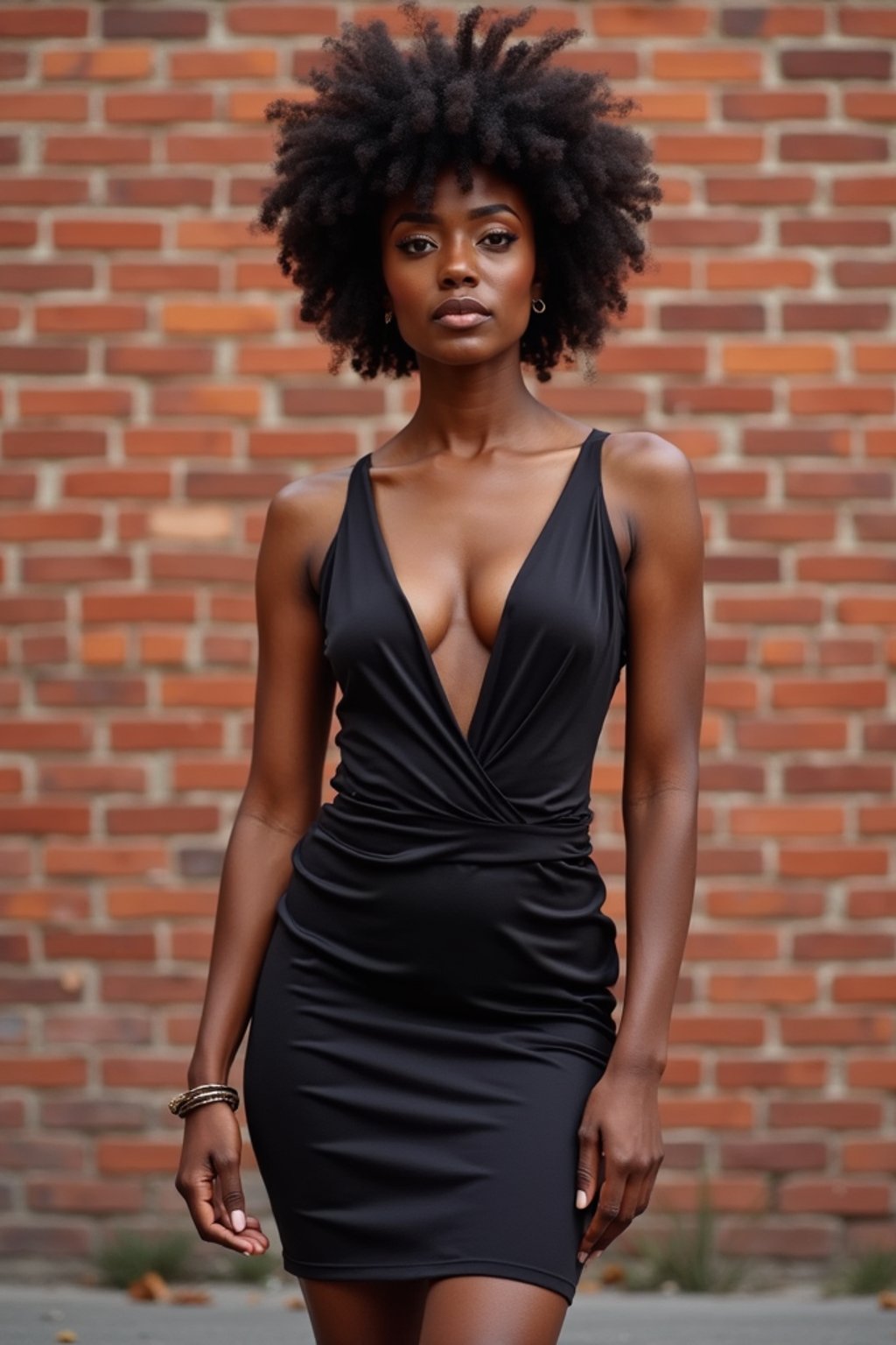 (full-body shot) of woman in bold, fitted dress  against a classic brick wall background