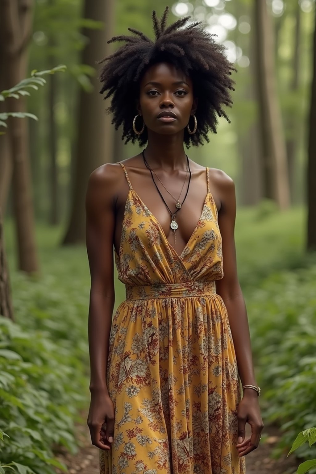 woman with enticing allure in flowy bohemian dress  in a serene forest setting