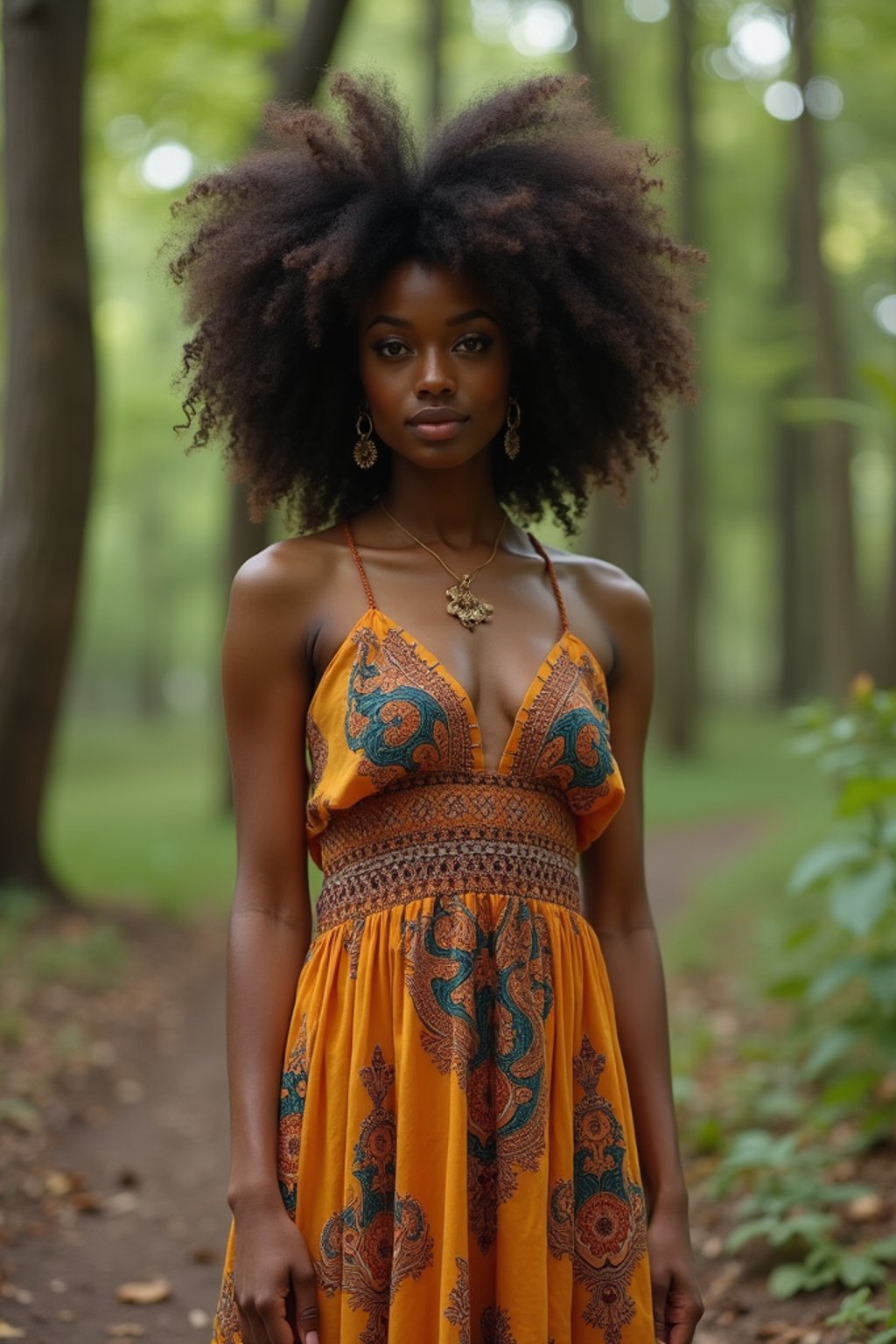 woman with enticing allure in flowy bohemian dress  in a serene forest setting