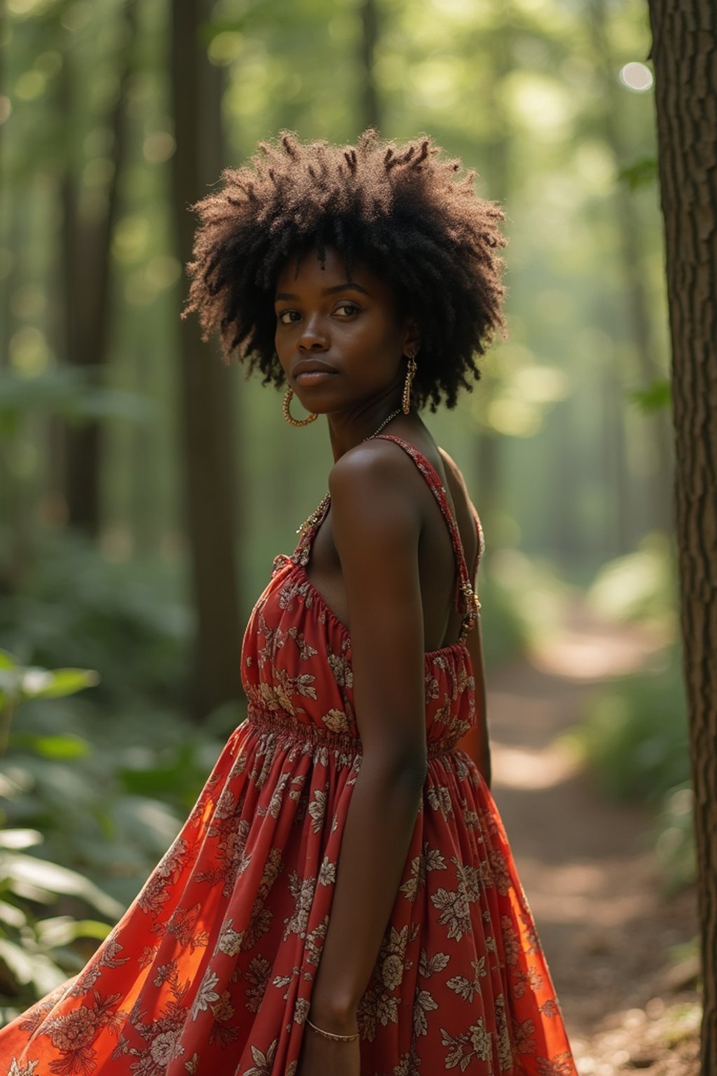 woman with enticing allure in flowy bohemian dress  in a serene forest setting