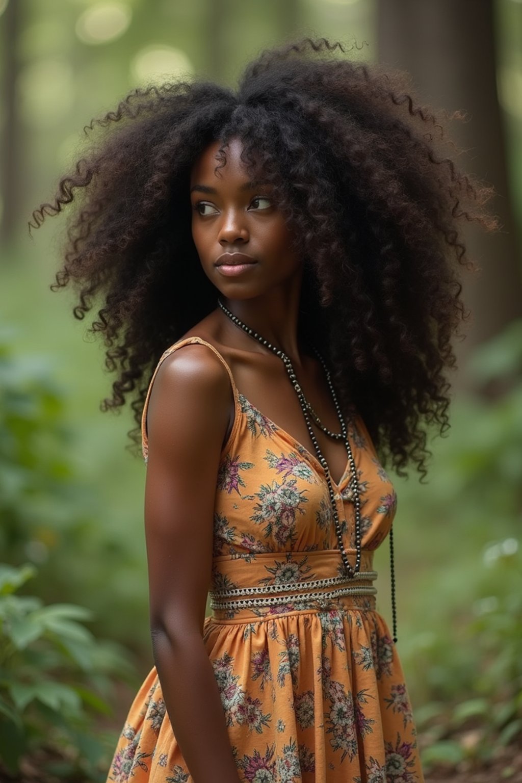 woman with enticing allure in flowy bohemian dress  in a serene forest setting