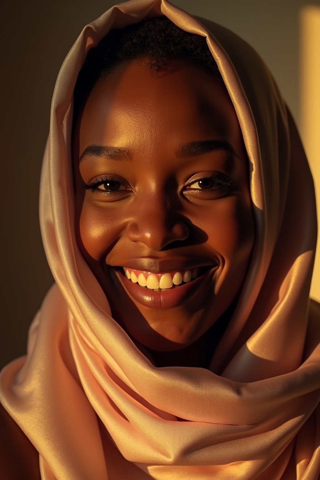 woman with a seductive smile, donned in a soft silk scarf , under warm indoor lighting