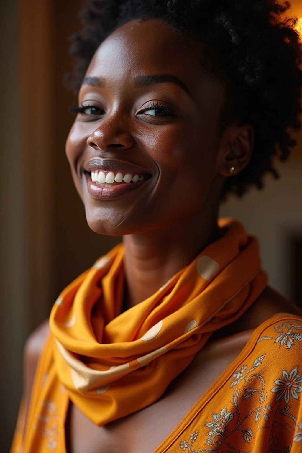 woman with a seductive smile, donned in a soft silk scarf , under warm indoor lighting