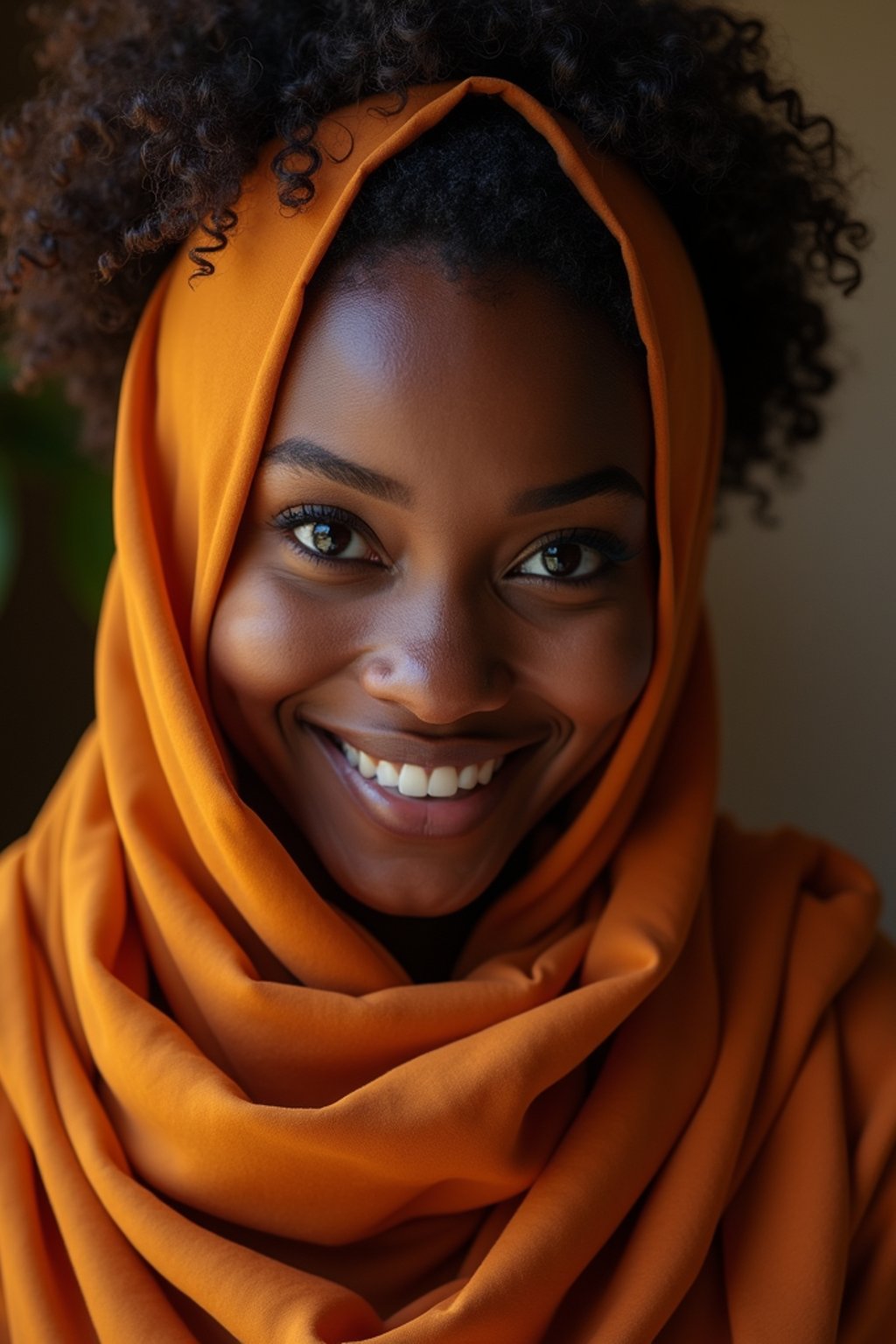 woman with a seductive smile, donned in a soft silk scarf , under warm indoor lighting