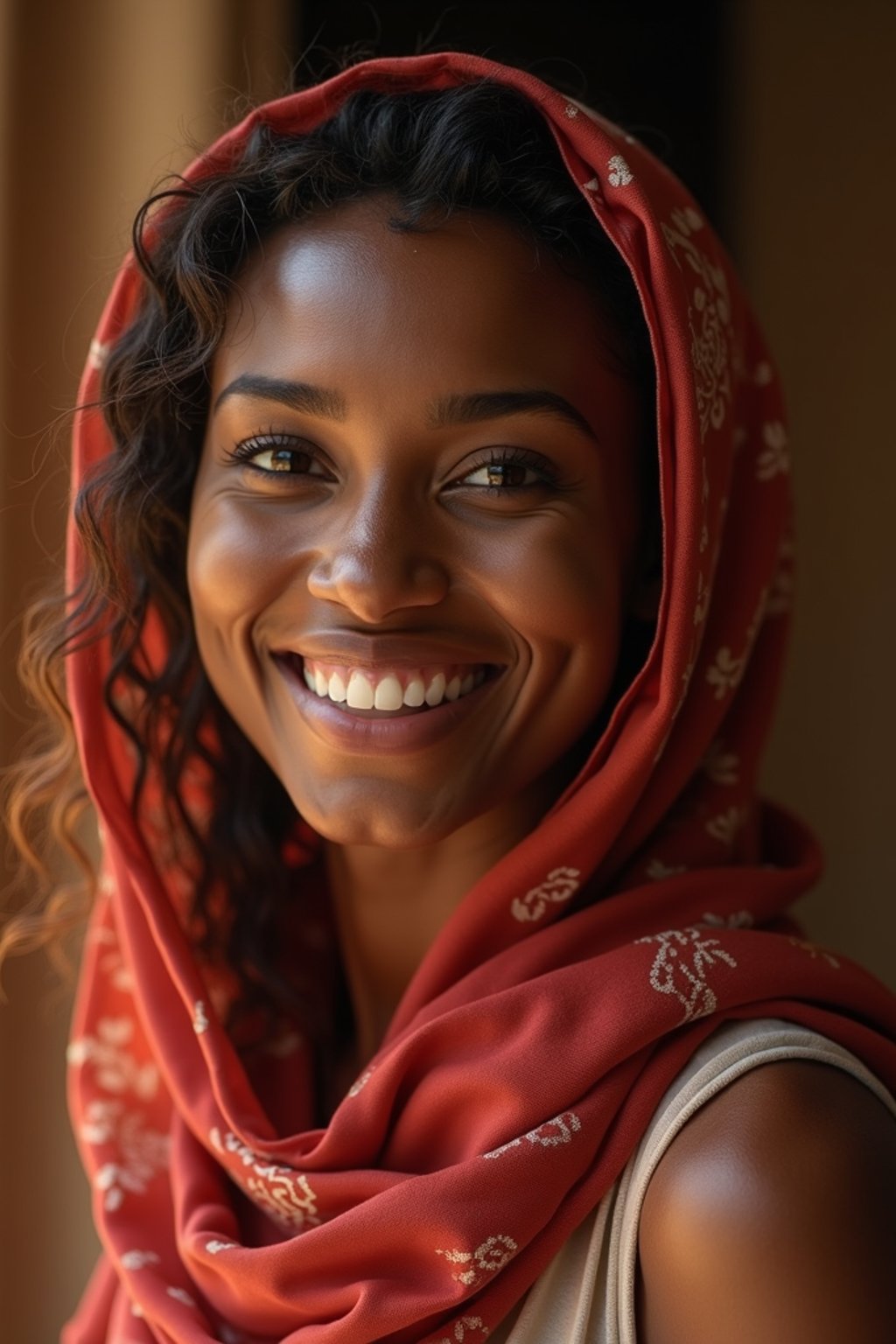 woman with a seductive smile, donned in a soft silk scarf , under warm indoor lighting