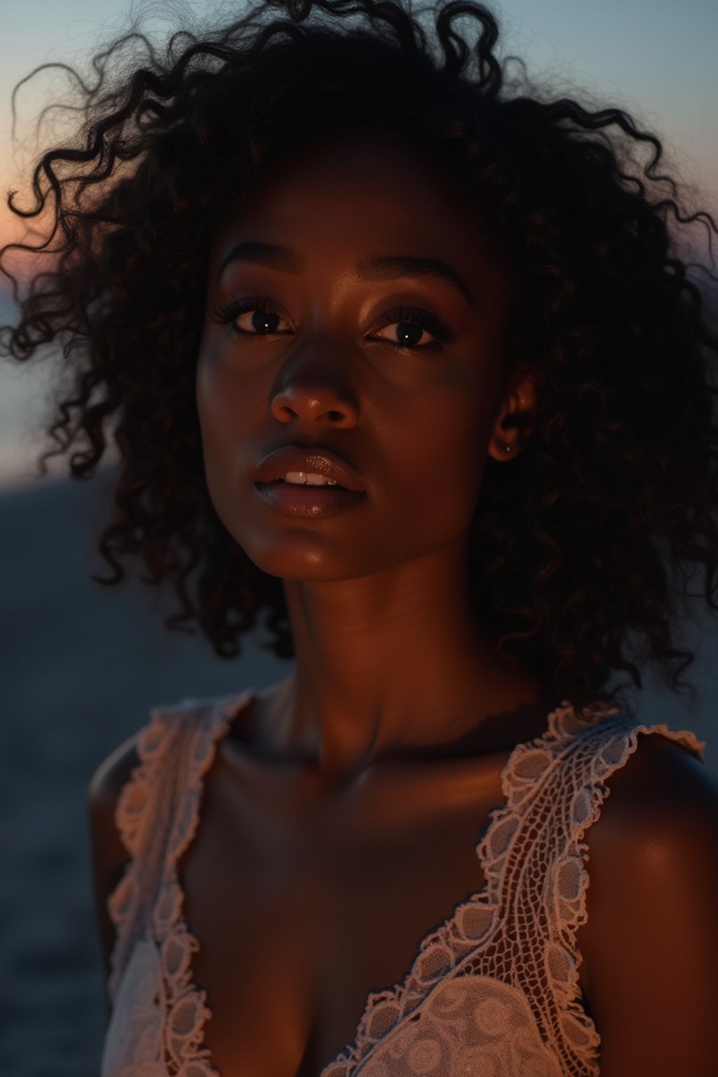 woman with enticing gaze, adorned with a delicate lace outfit  against a twilight backdrop