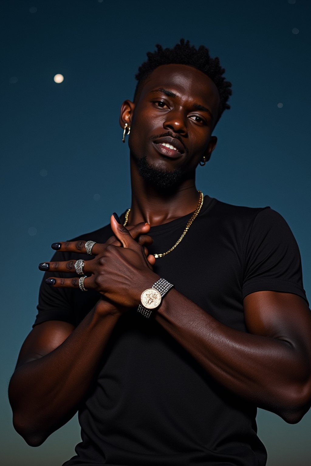 man with magnetic appeal, adorned in  luxurious cufflinks, against a starry night backdrop