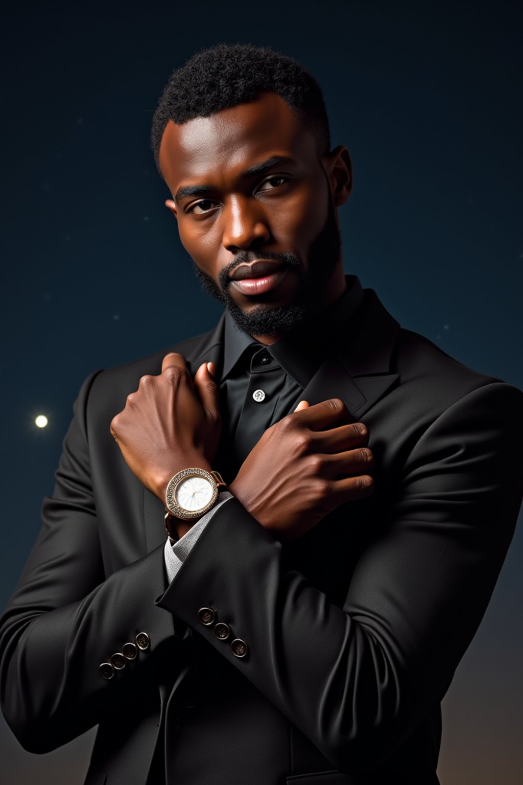 man with magnetic appeal, adorned in  luxurious cufflinks, against a starry night backdrop