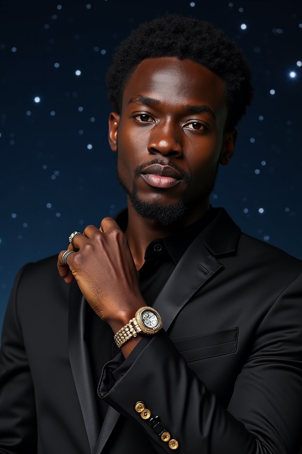 man with magnetic appeal, adorned in  luxurious cufflinks, against a starry night backdrop