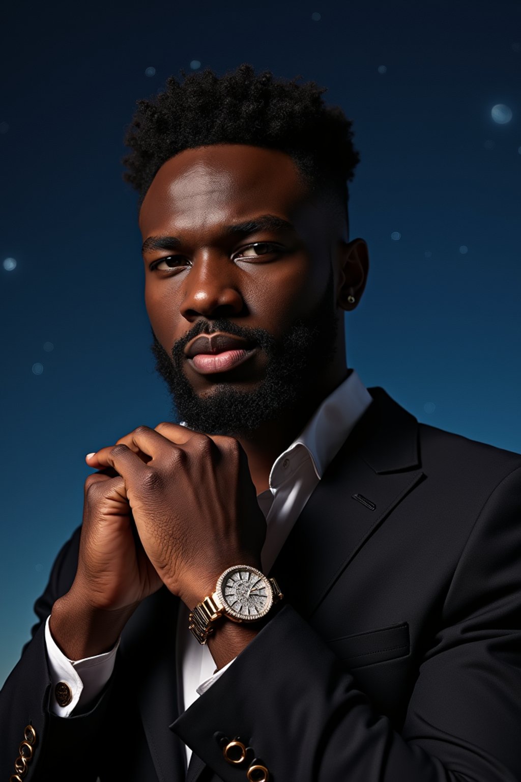 man with magnetic appeal, adorned in  luxurious cufflinks, against a starry night backdrop