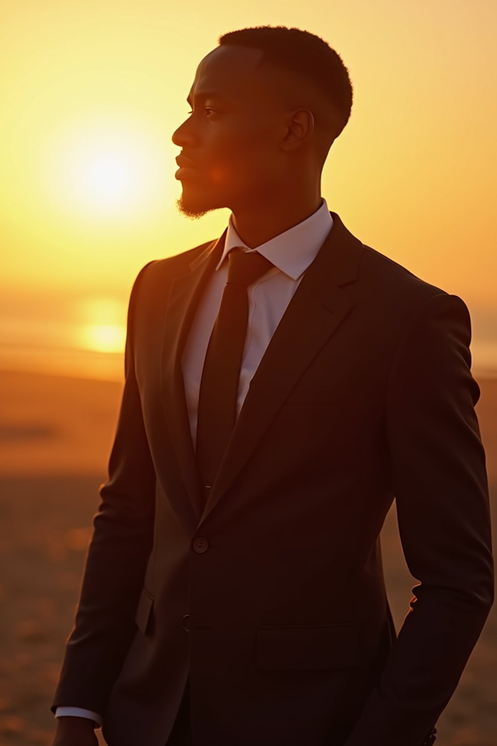 man in  dapper suit, radiating allure under the soft glow of a sunset