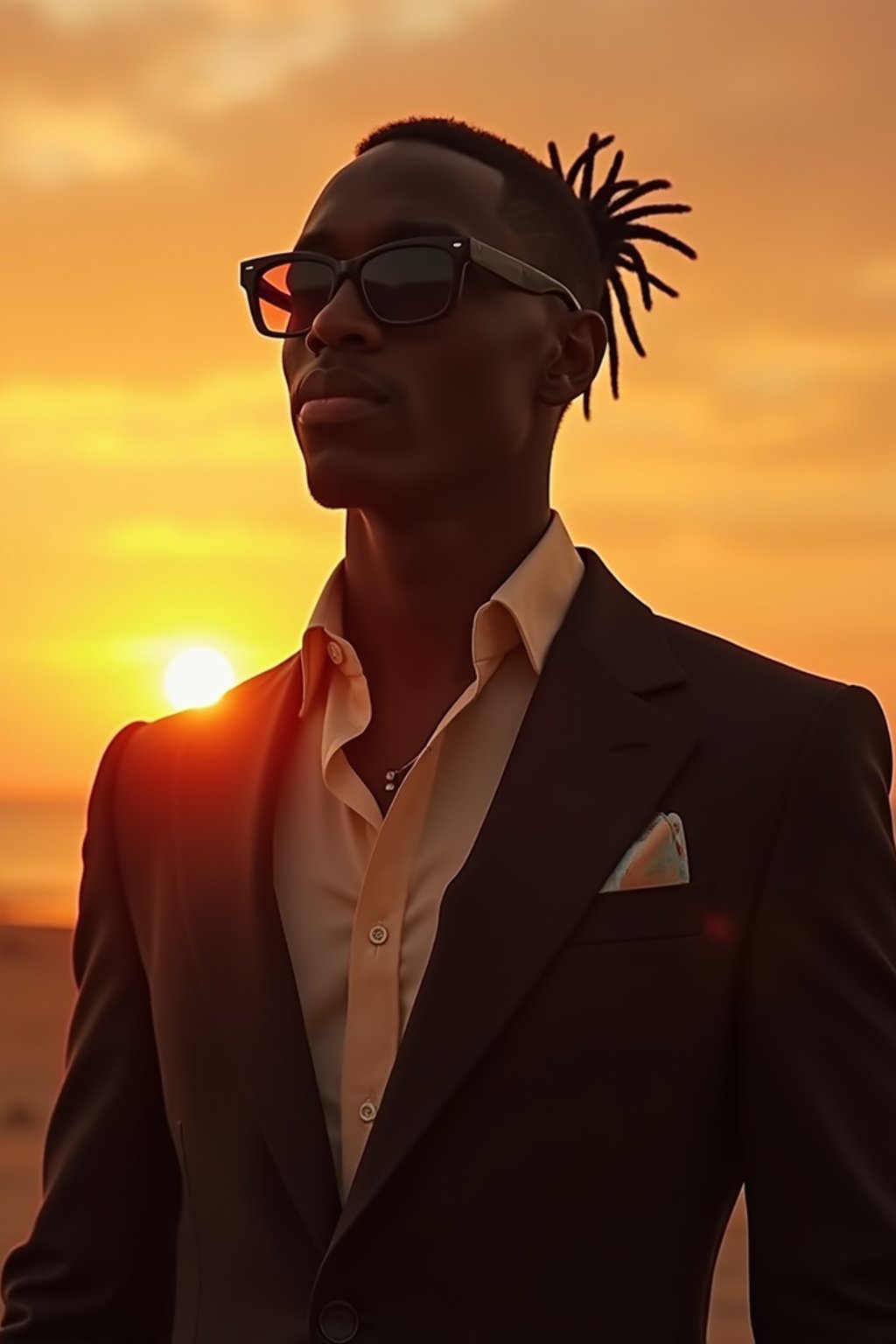 man in  dapper suit, radiating allure under the soft glow of a sunset