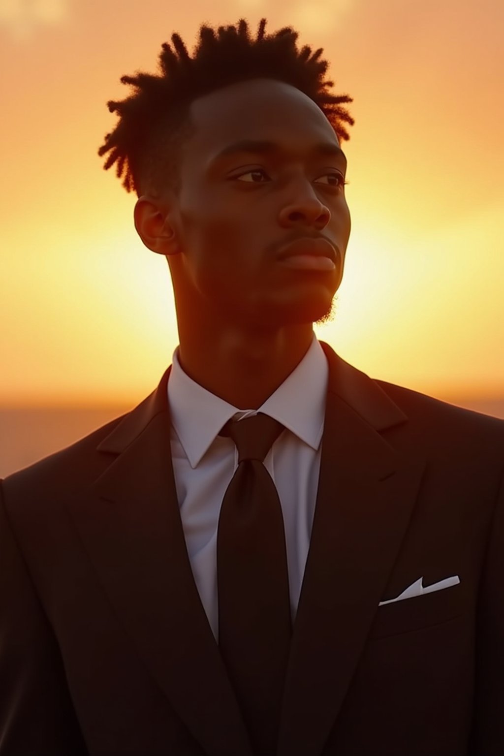 man in  dapper suit, radiating allure under the soft glow of a sunset