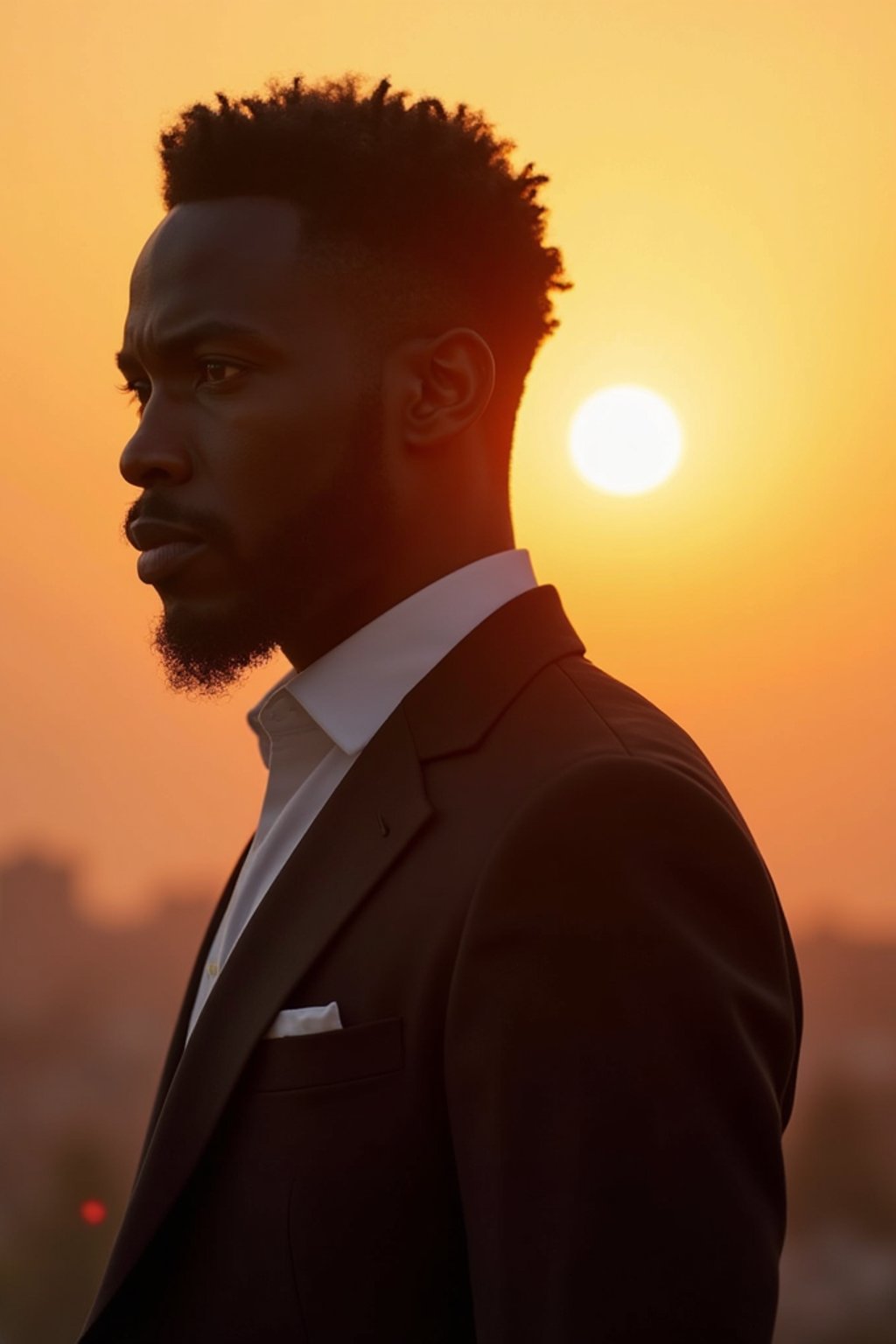 man in  dapper suit, radiating allure under the soft glow of a sunset