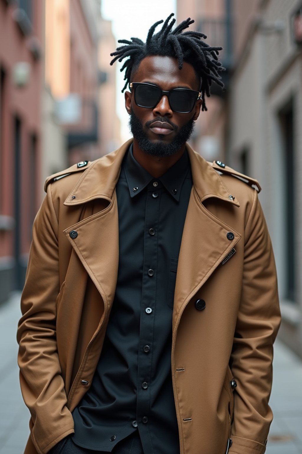 man in  modern, fashionable attire against an edgy urban backdrop