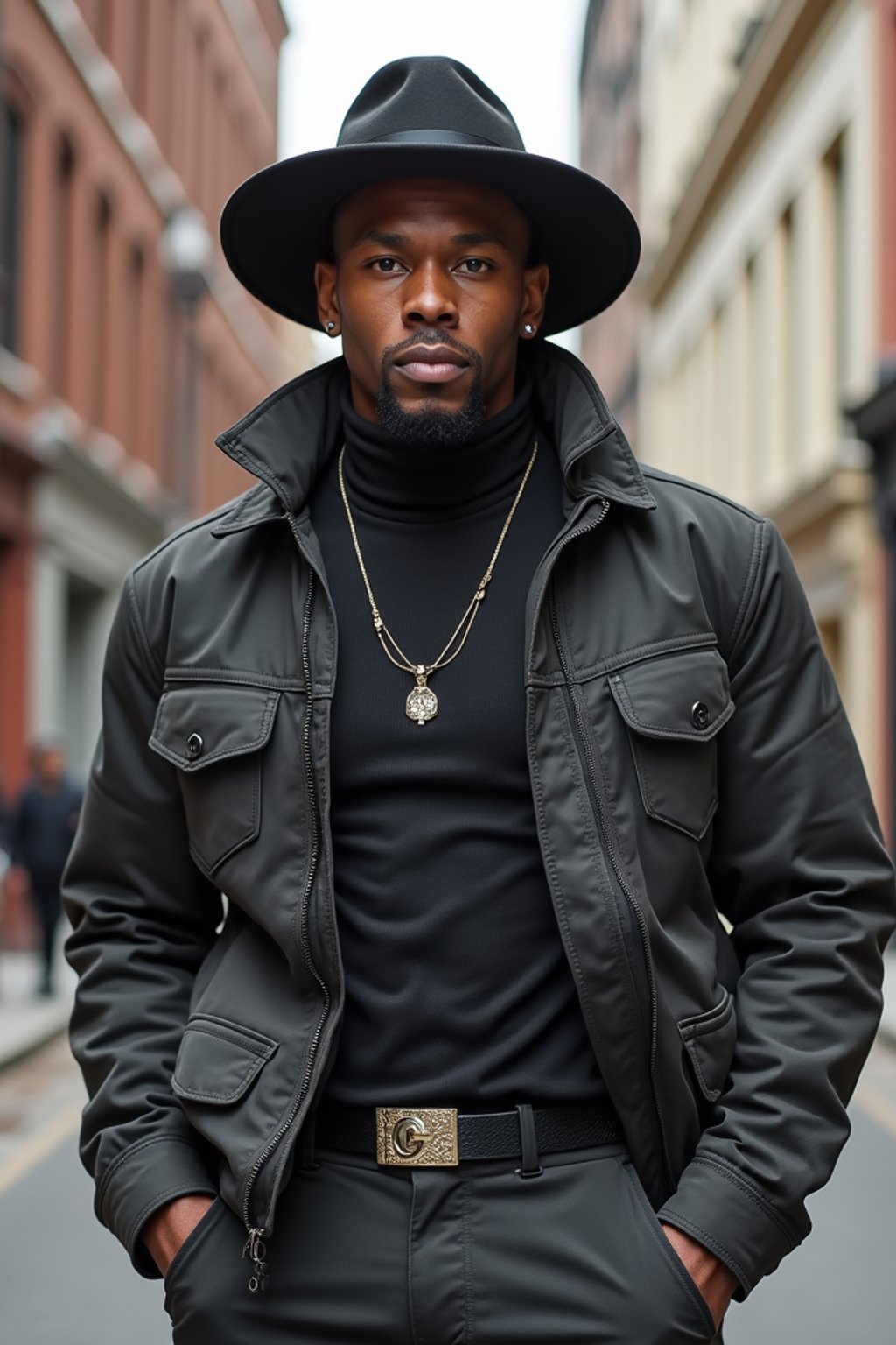 man in  modern, fashionable attire against an edgy urban backdrop