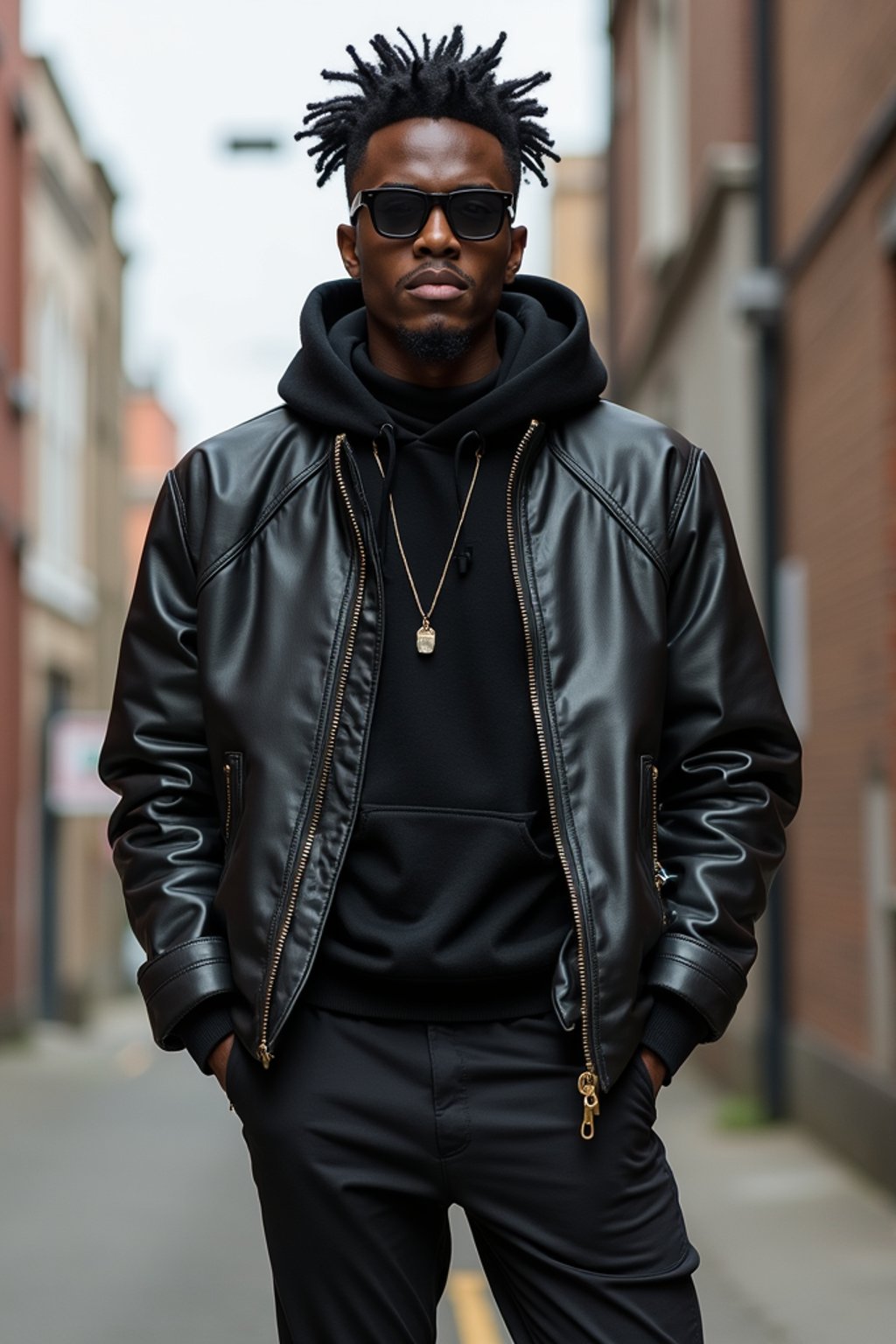 man in  modern, fashionable attire against an edgy urban backdrop