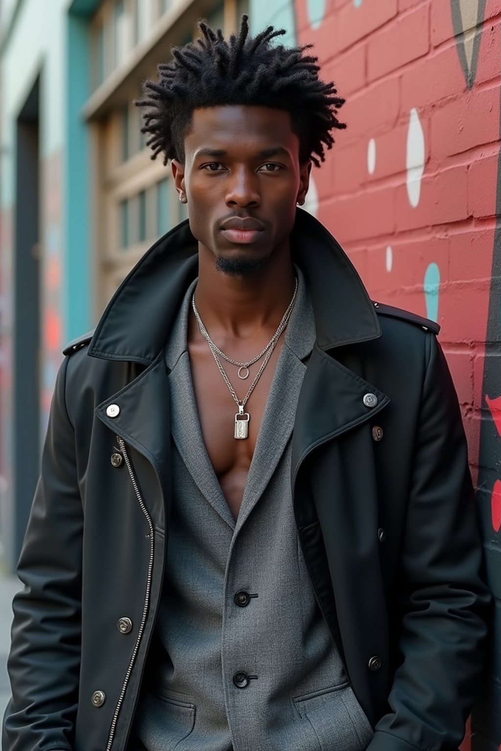 man in  modern, fashionable attire against an edgy urban backdrop