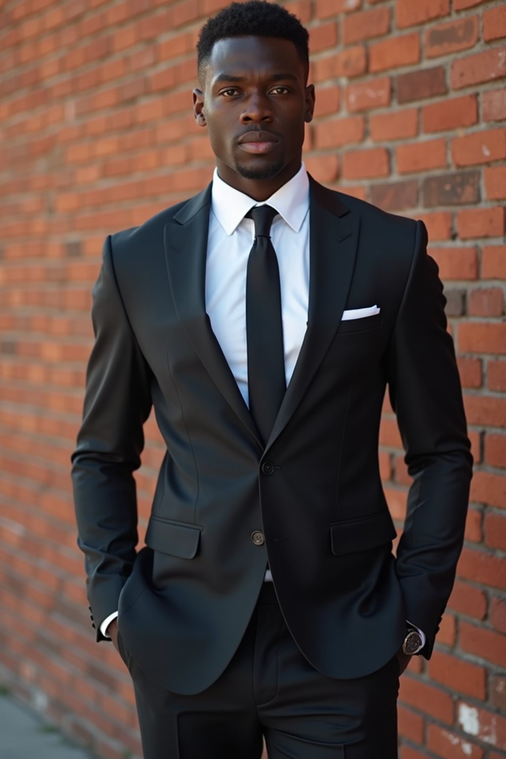 (full-body shot) of man in  sharp, tailored suit against a classic brick wall background