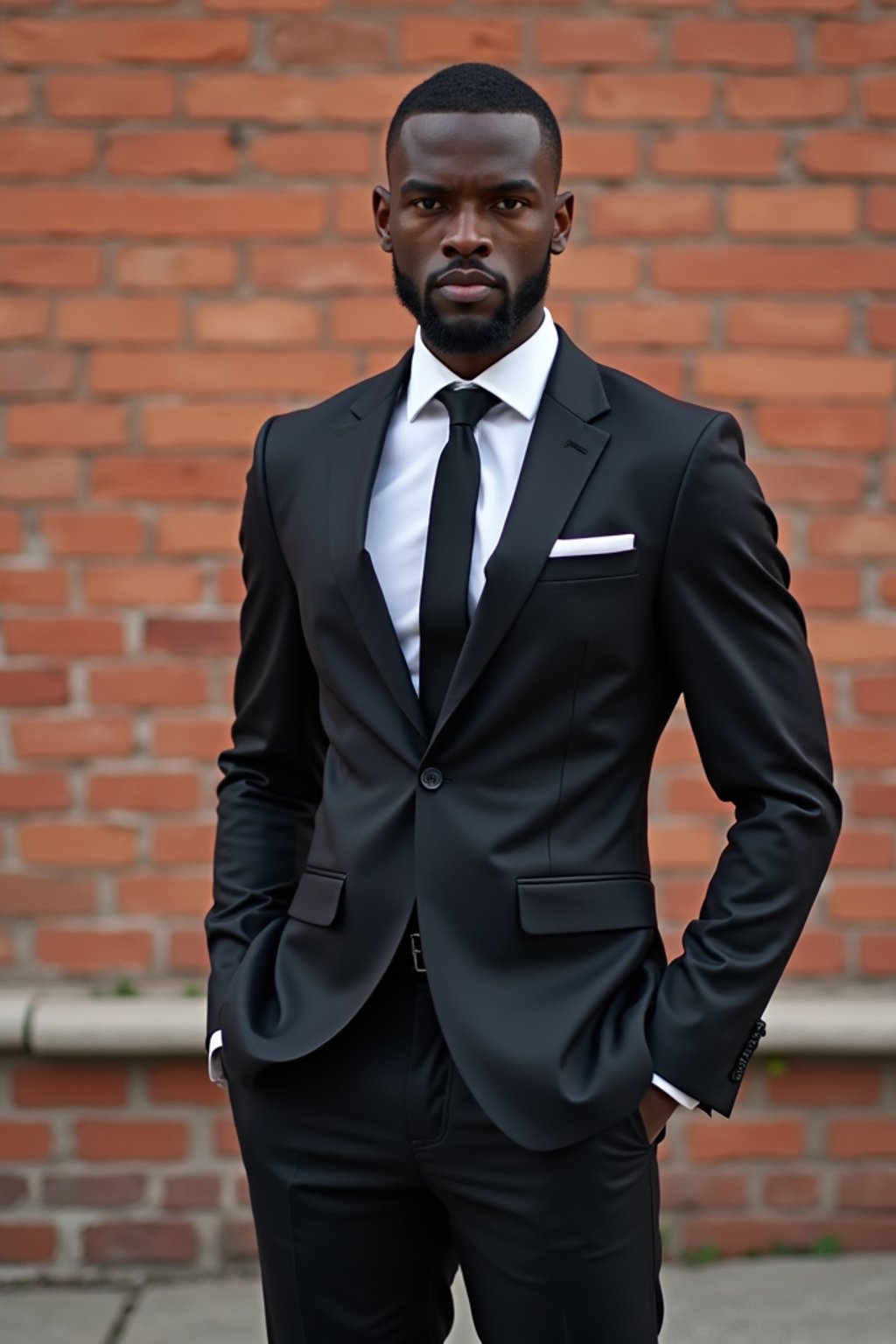 (full-body shot) of man in  sharp, tailored suit against a classic brick wall background