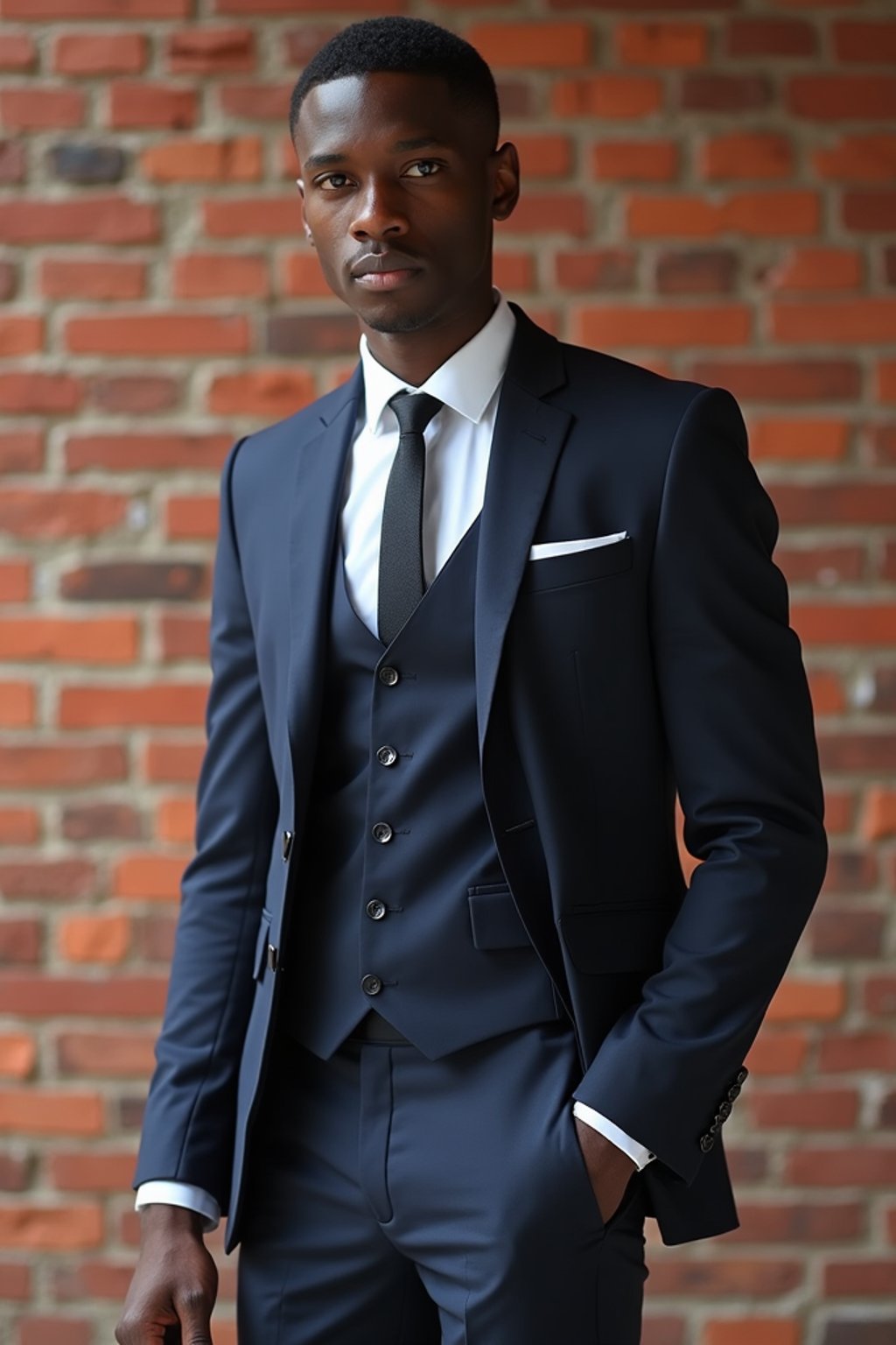 (full-body shot) of man in  sharp, tailored suit against a classic brick wall background