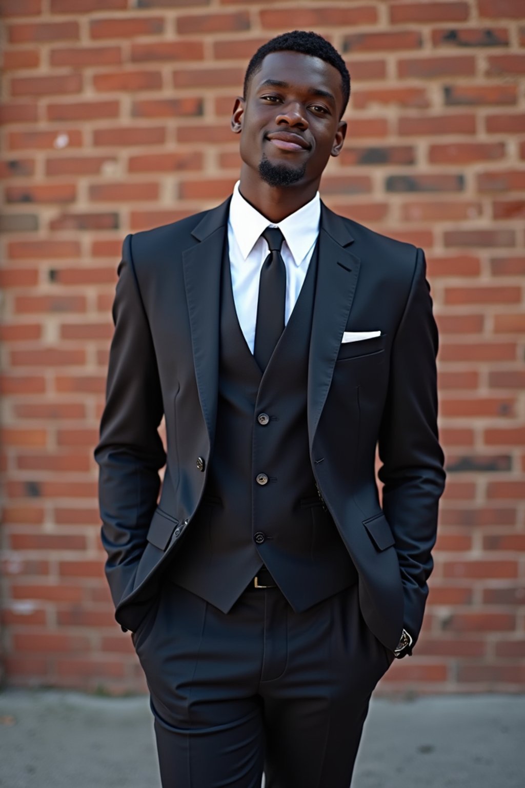 (full-body shot) of man in  sharp, tailored suit against a classic brick wall background