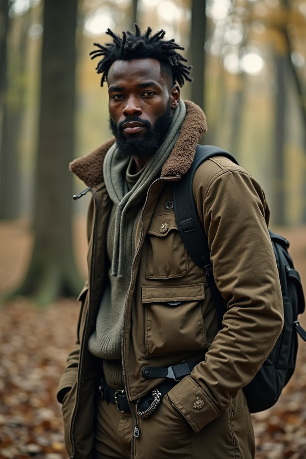 man with enticing allure in  rugged outdoor outfit in a serene forest setting