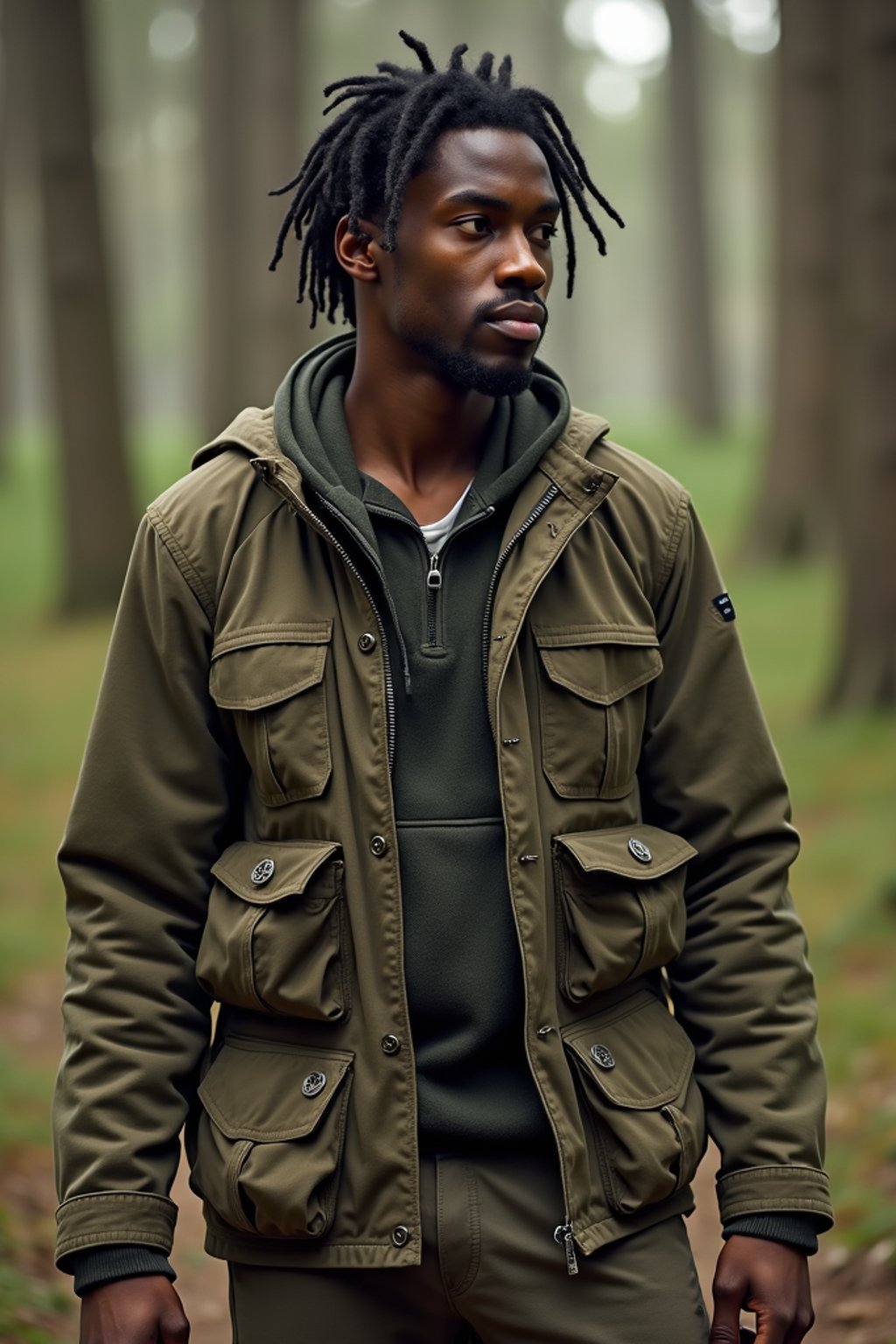 man with enticing allure in  rugged outdoor outfit in a serene forest setting