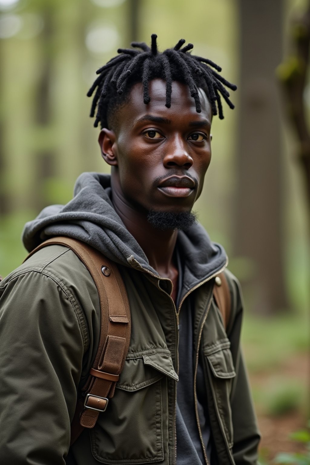 man with enticing allure in  rugged outdoor outfit in a serene forest setting