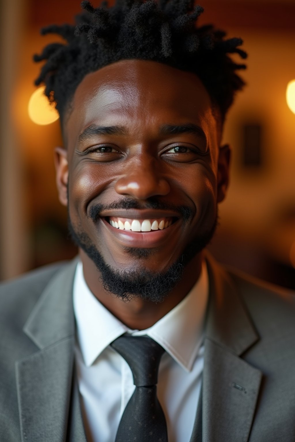 man with a seductive smile, donned in a  classy tie, under warm indoor lighting