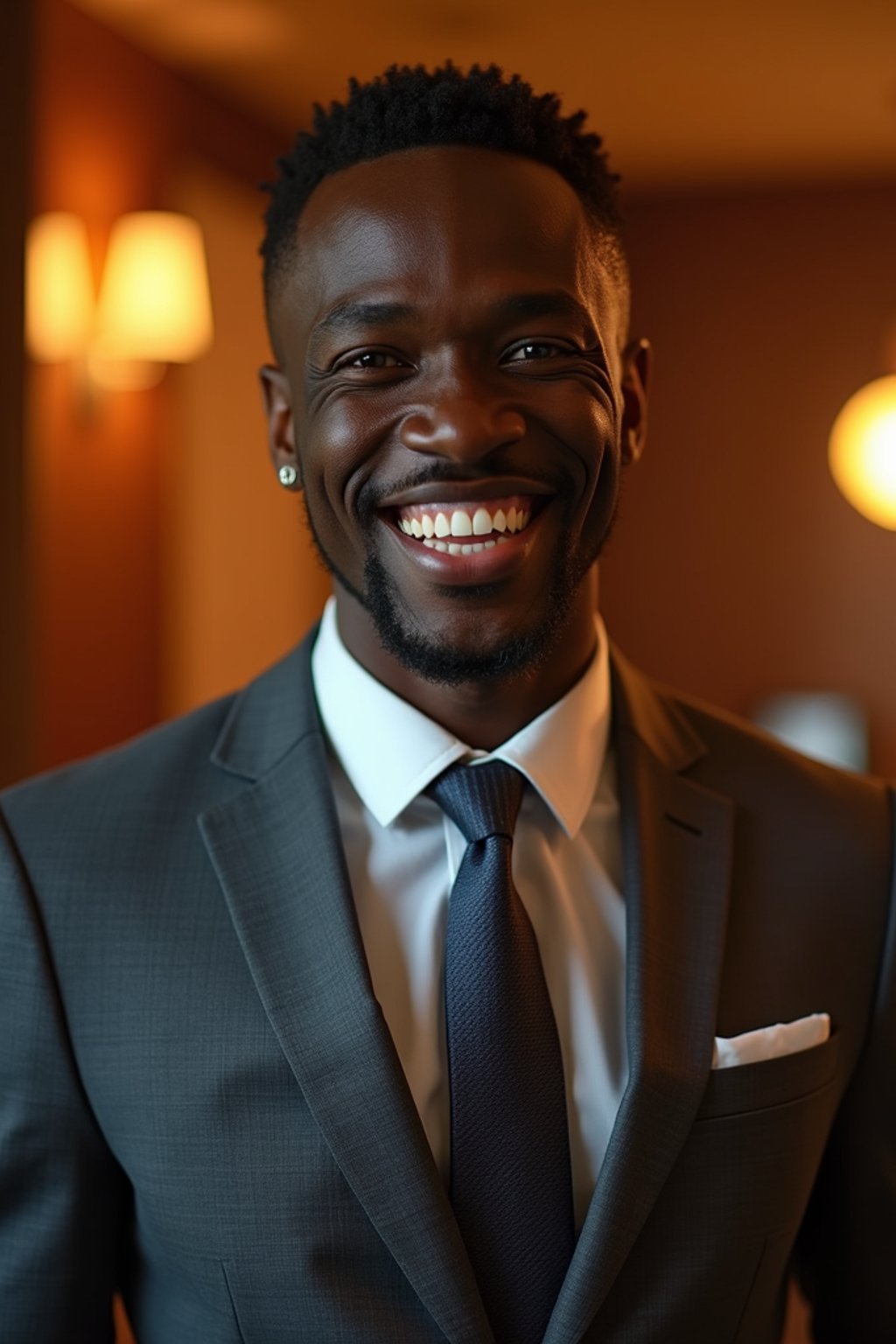 man with a seductive smile, donned in a  classy tie, under warm indoor lighting