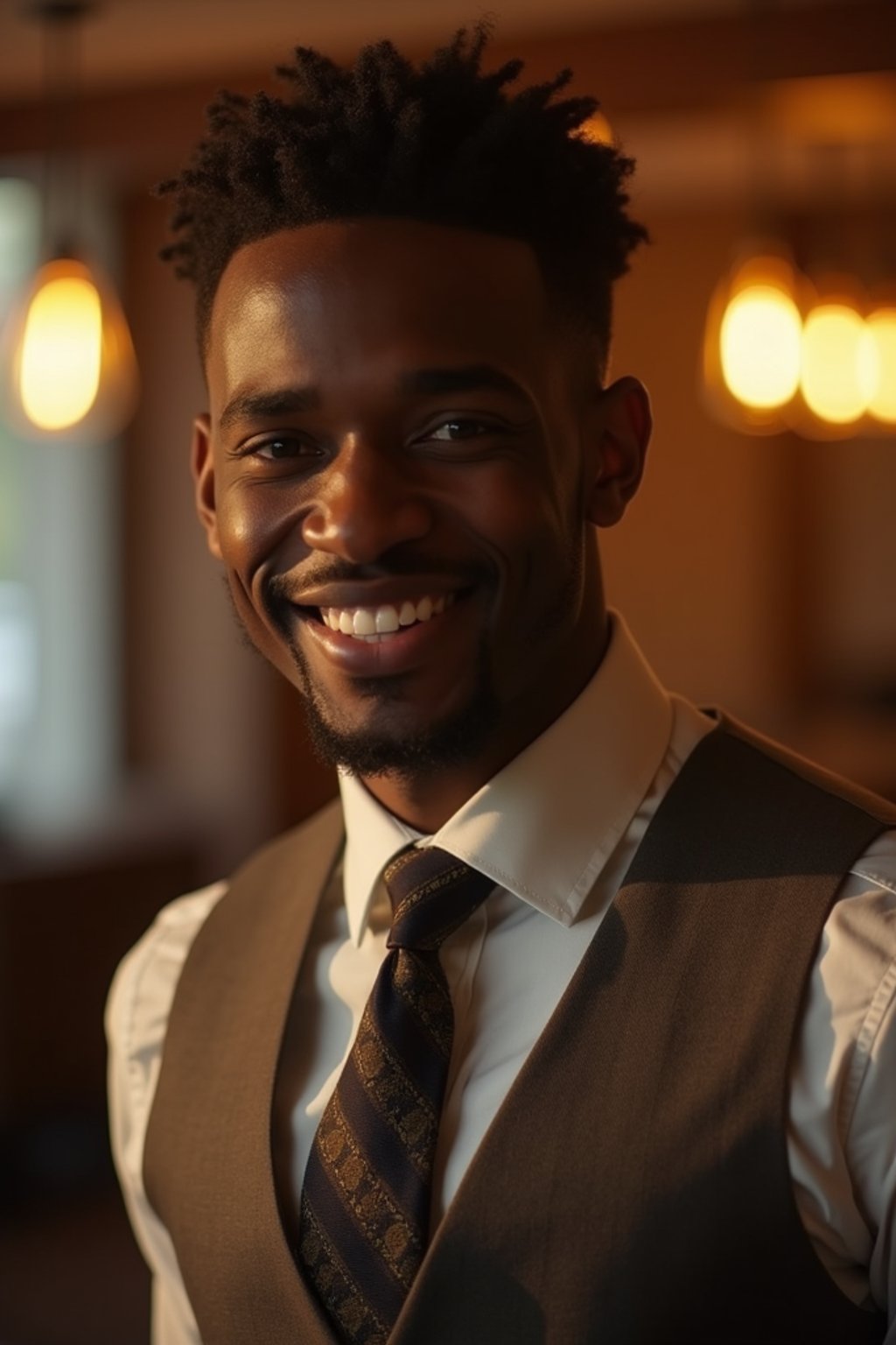 man with a seductive smile, donned in a  classy tie, under warm indoor lighting