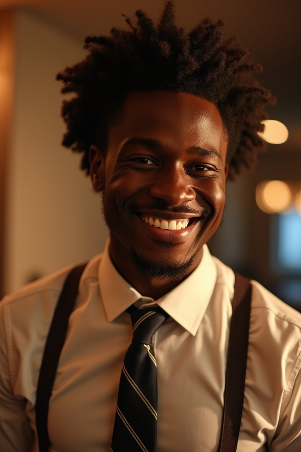 man with a seductive smile, donned in a  classy tie, under warm indoor lighting