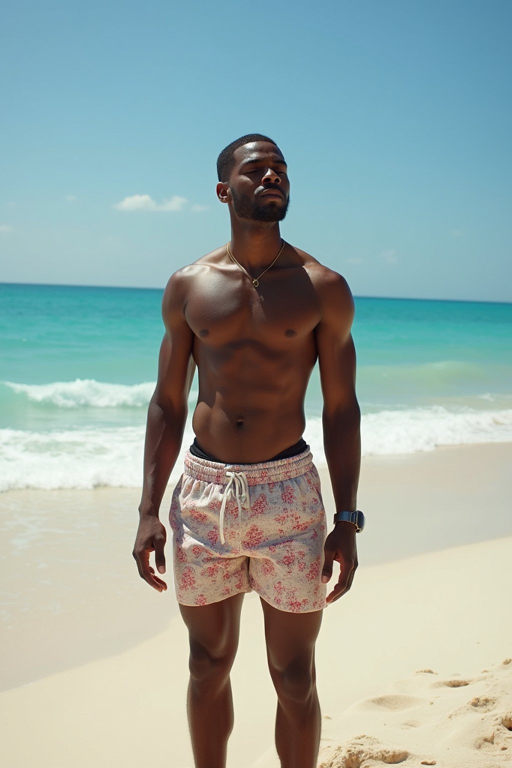 (full-body shot) of man in a  smart casual beach attire, posed against a vibrant beach setting