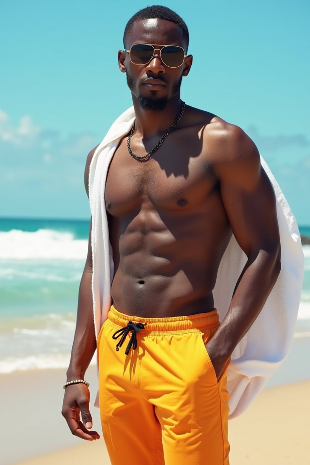 (full-body shot) of man in a  smart casual beach attire, posed against a vibrant beach setting