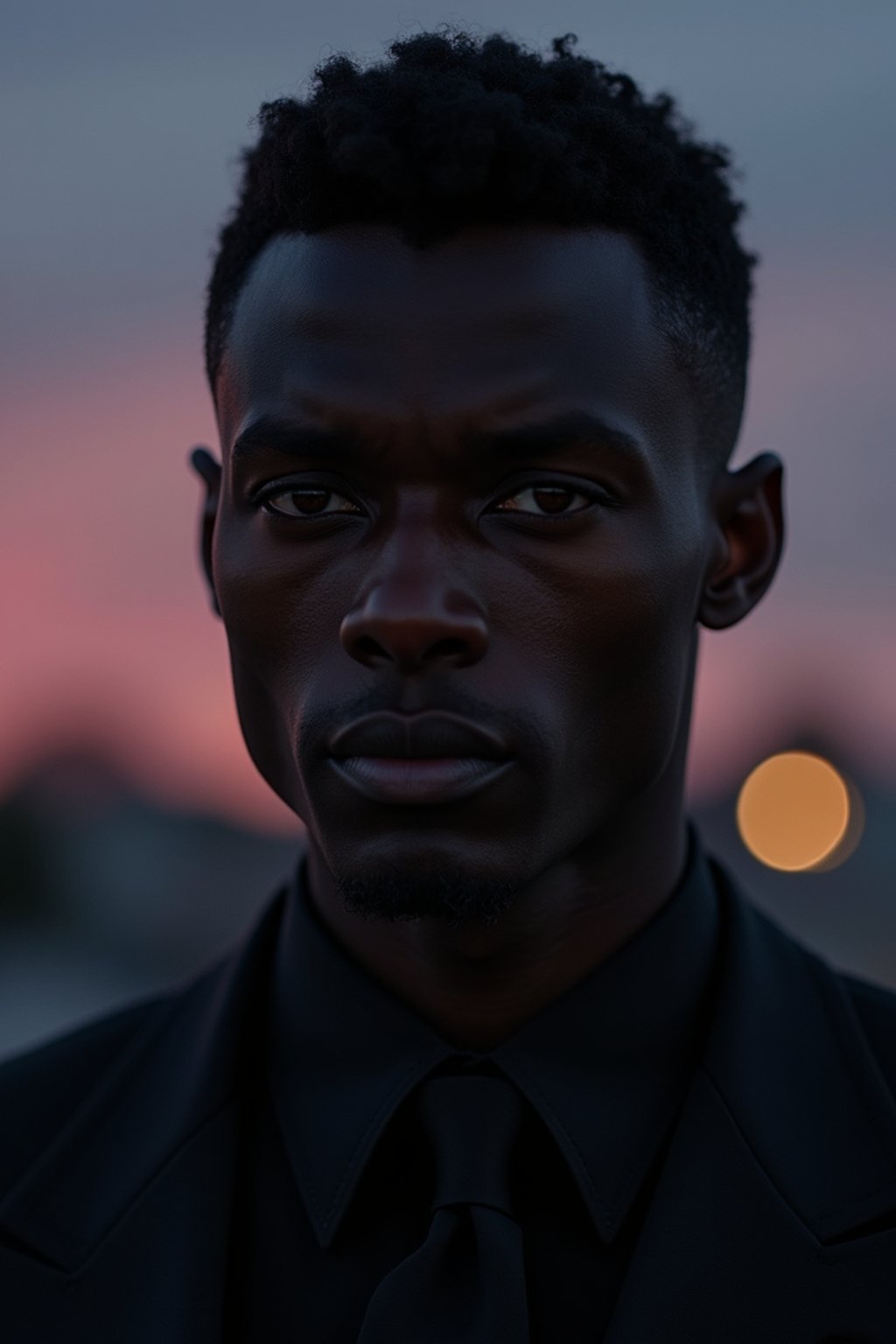 man with enticing gaze, adorned with  sharp, stylish suit against a twilight backdrop