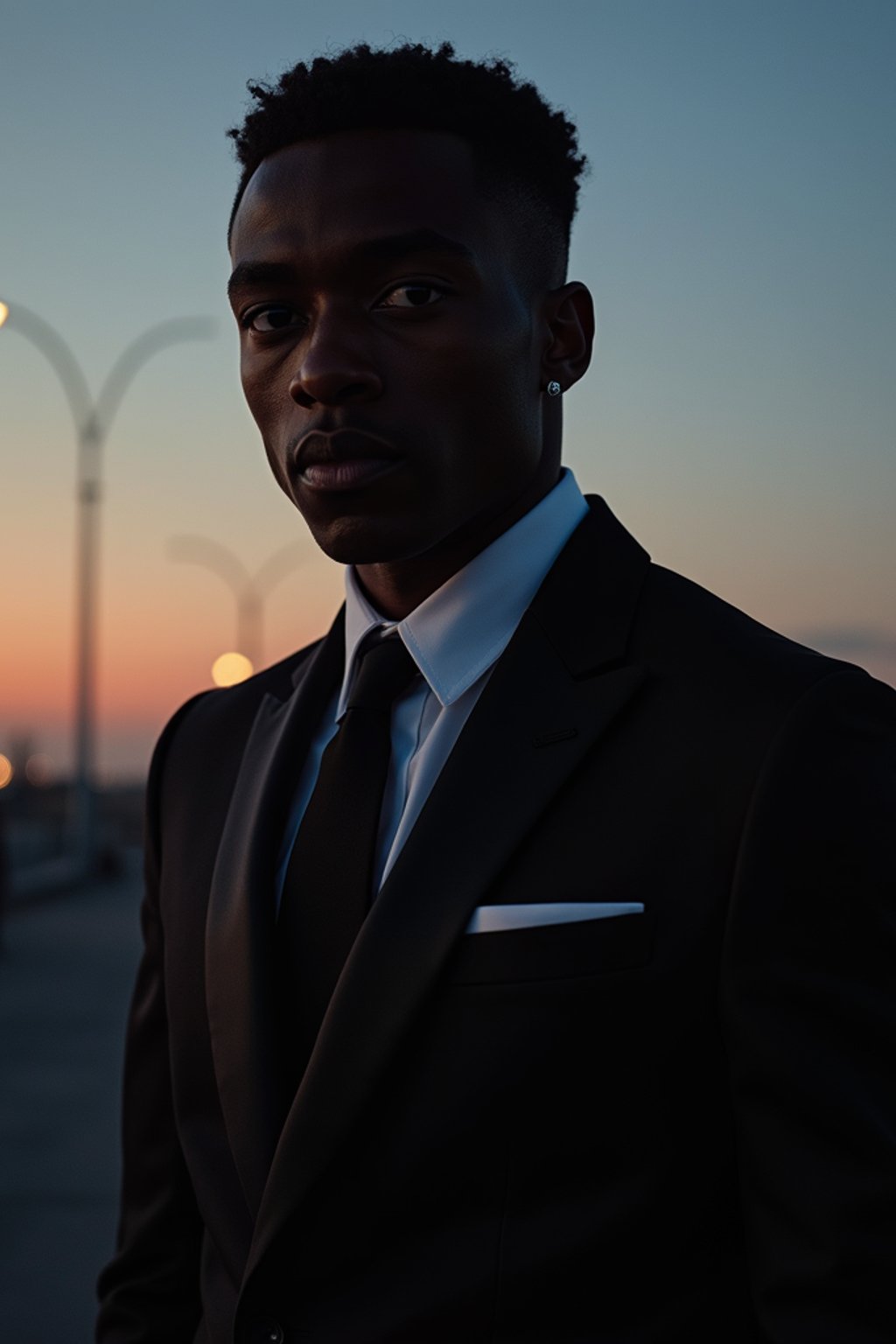 man with enticing gaze, adorned with  sharp, stylish suit against a twilight backdrop