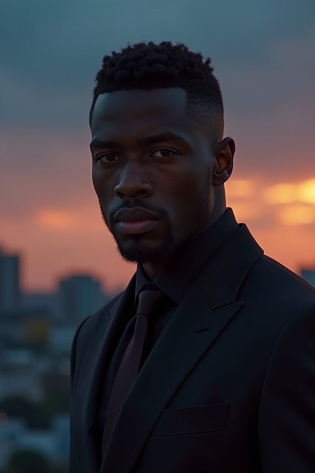 man with enticing gaze, adorned with  sharp, stylish suit against a twilight backdrop