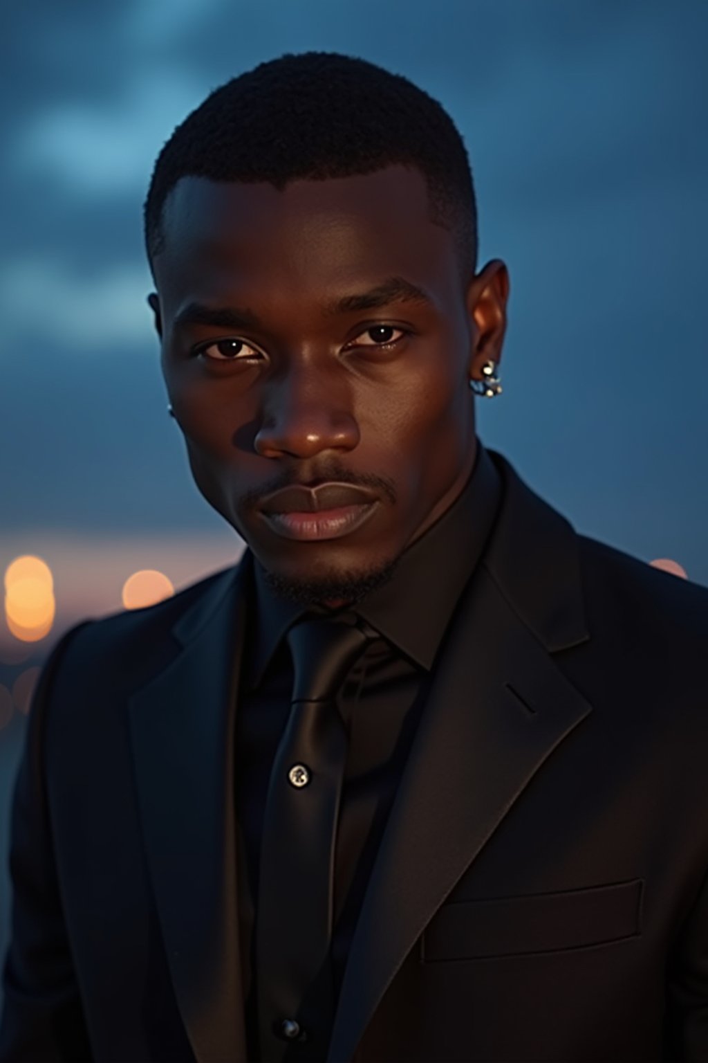 man with enticing gaze, adorned with  sharp, stylish suit against a twilight backdrop