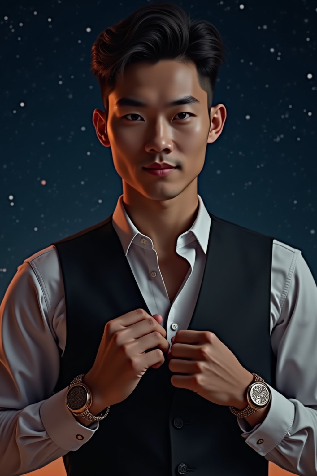 man with magnetic appeal, adorned in  luxurious cufflinks, against a starry night backdrop