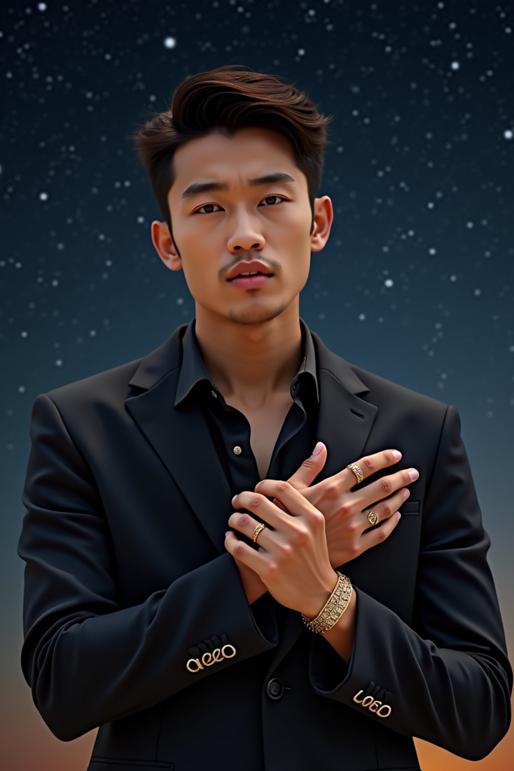 man with magnetic appeal, adorned in  luxurious cufflinks, against a starry night backdrop