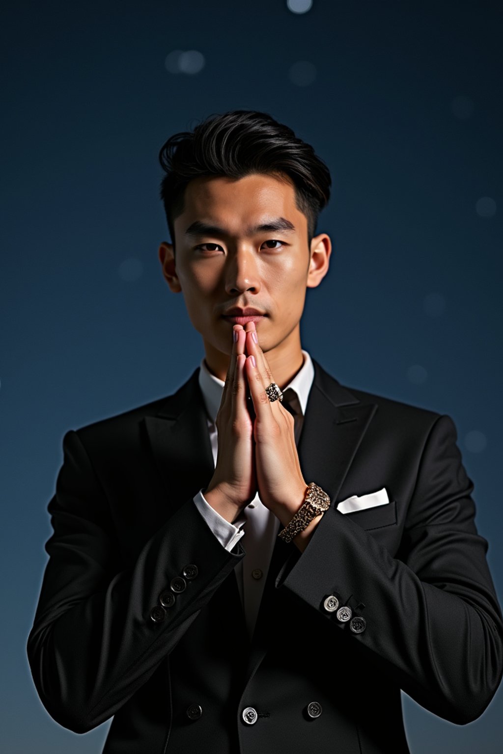 man with magnetic appeal, adorned in  luxurious cufflinks, against a starry night backdrop