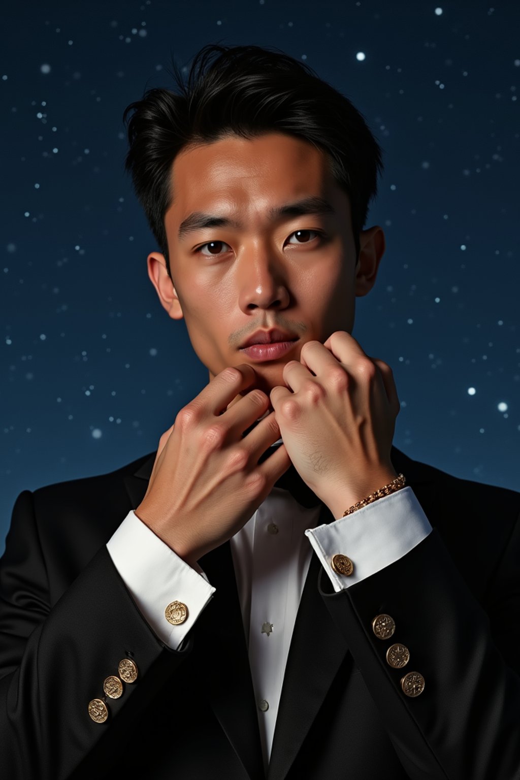 man with magnetic appeal, adorned in  luxurious cufflinks, against a starry night backdrop