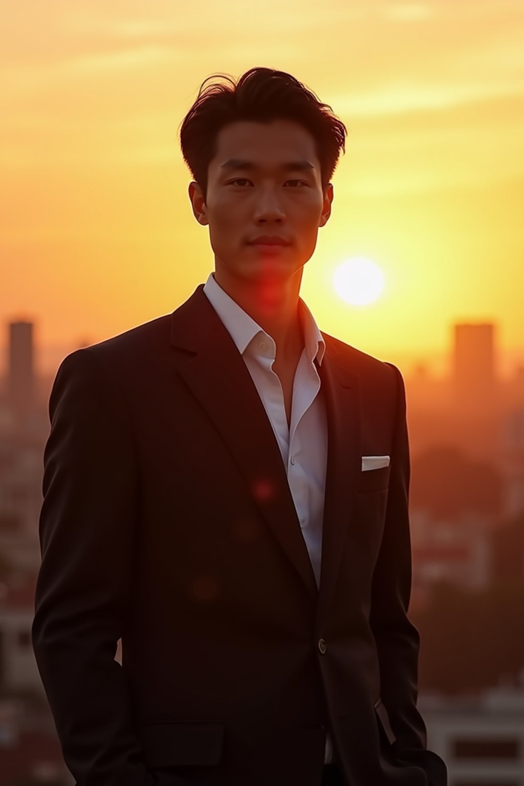 man in  dapper suit, radiating allure under the soft glow of a sunset