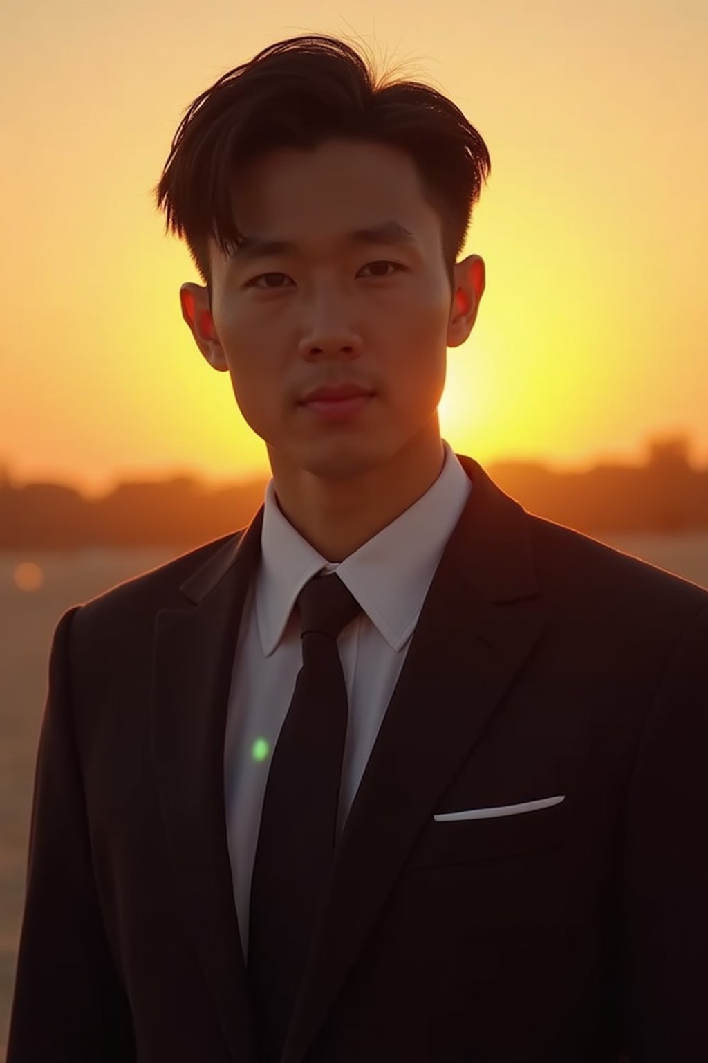 man in  dapper suit, radiating allure under the soft glow of a sunset