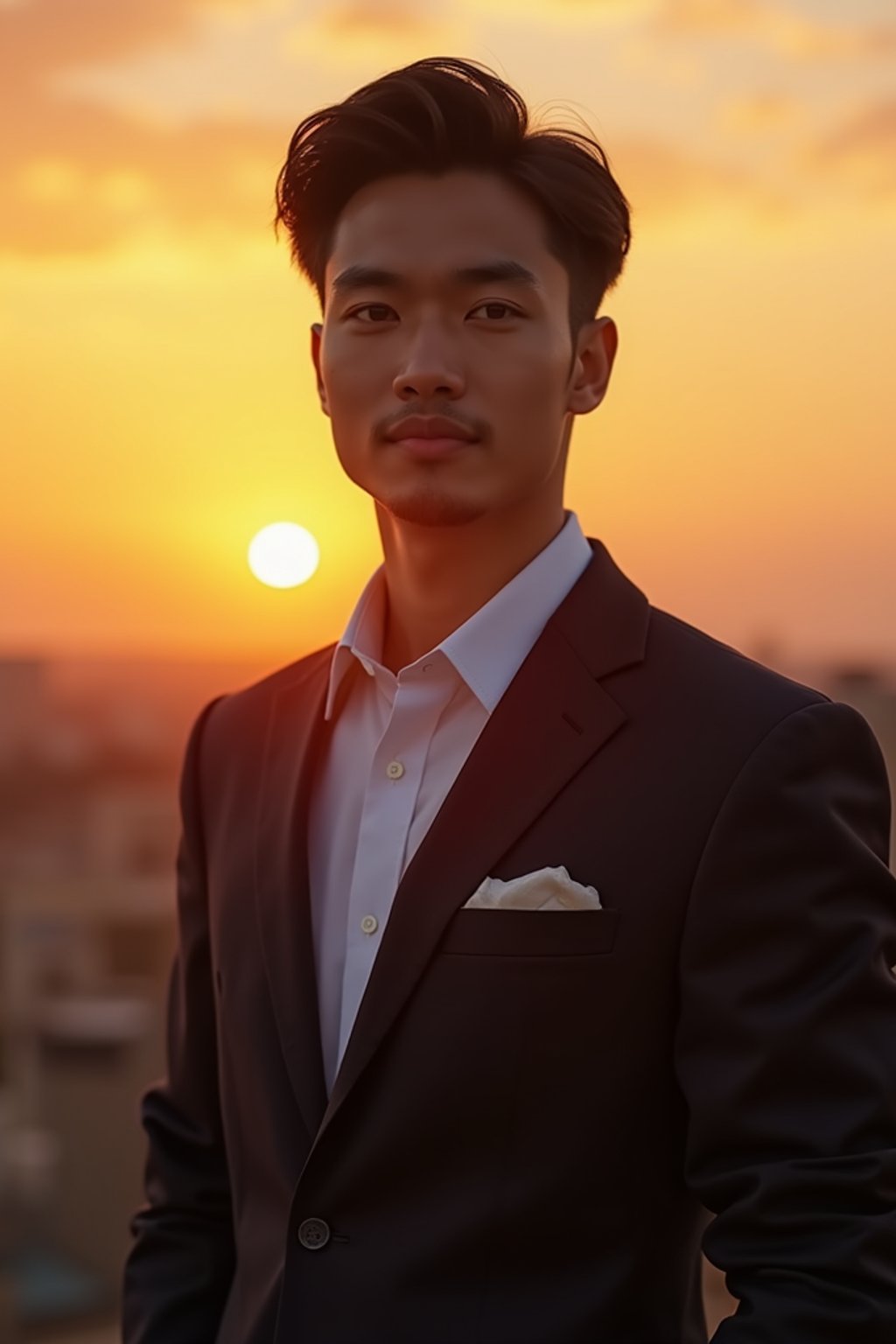 man in  dapper suit, radiating allure under the soft glow of a sunset