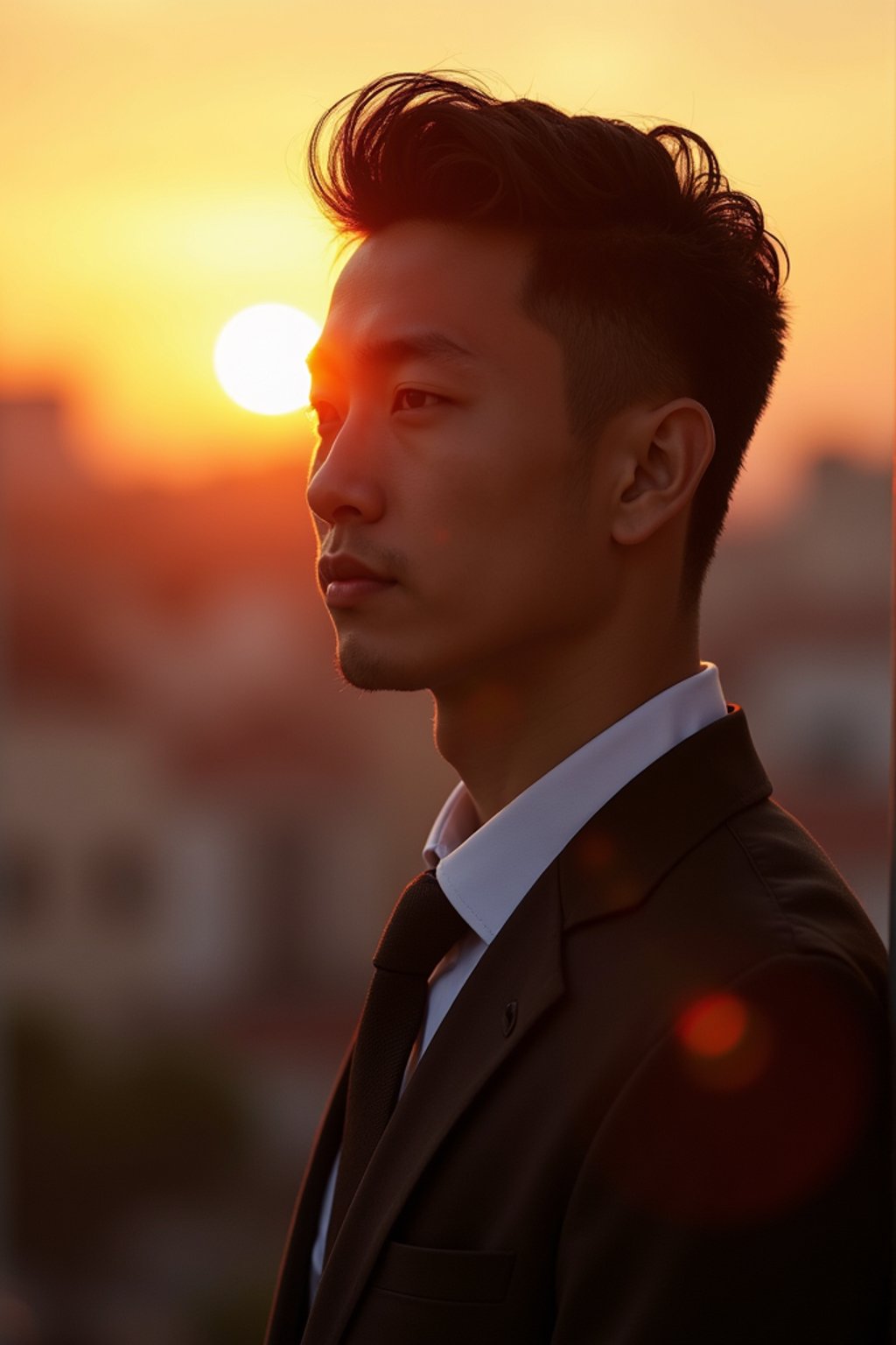 man in  dapper suit, radiating allure under the soft glow of a sunset