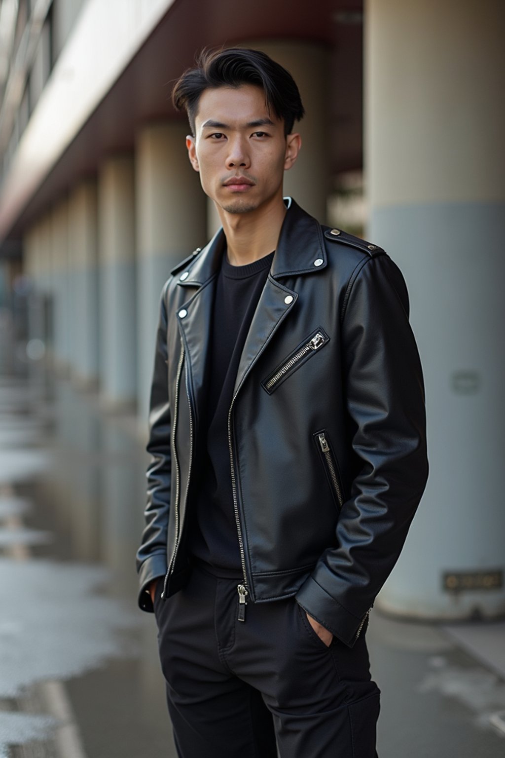 man in  modern, fashionable attire against an edgy urban backdrop